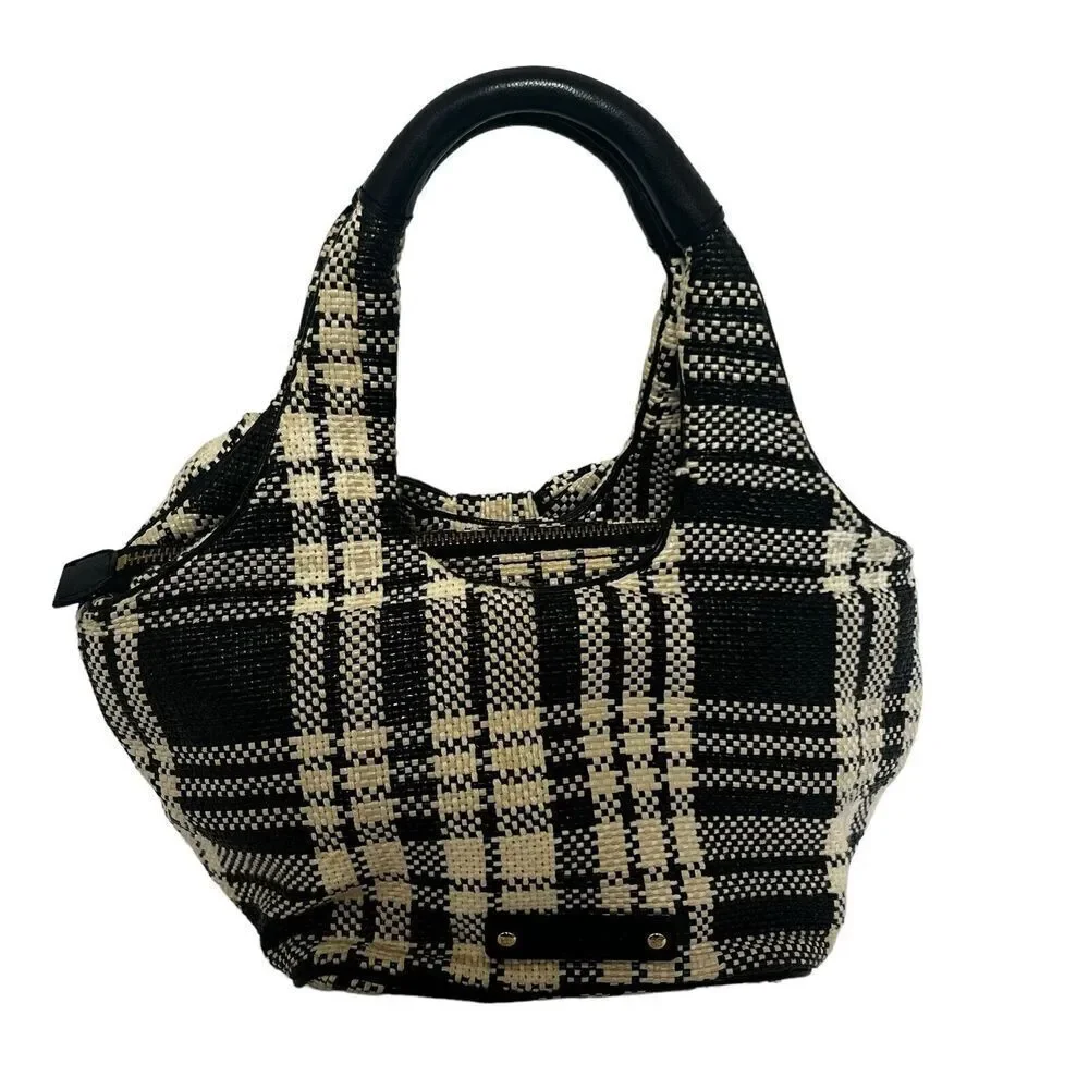 Kate Spade Small Black Cream Plaid Check Bow Plaid Purse Bag Double Handles